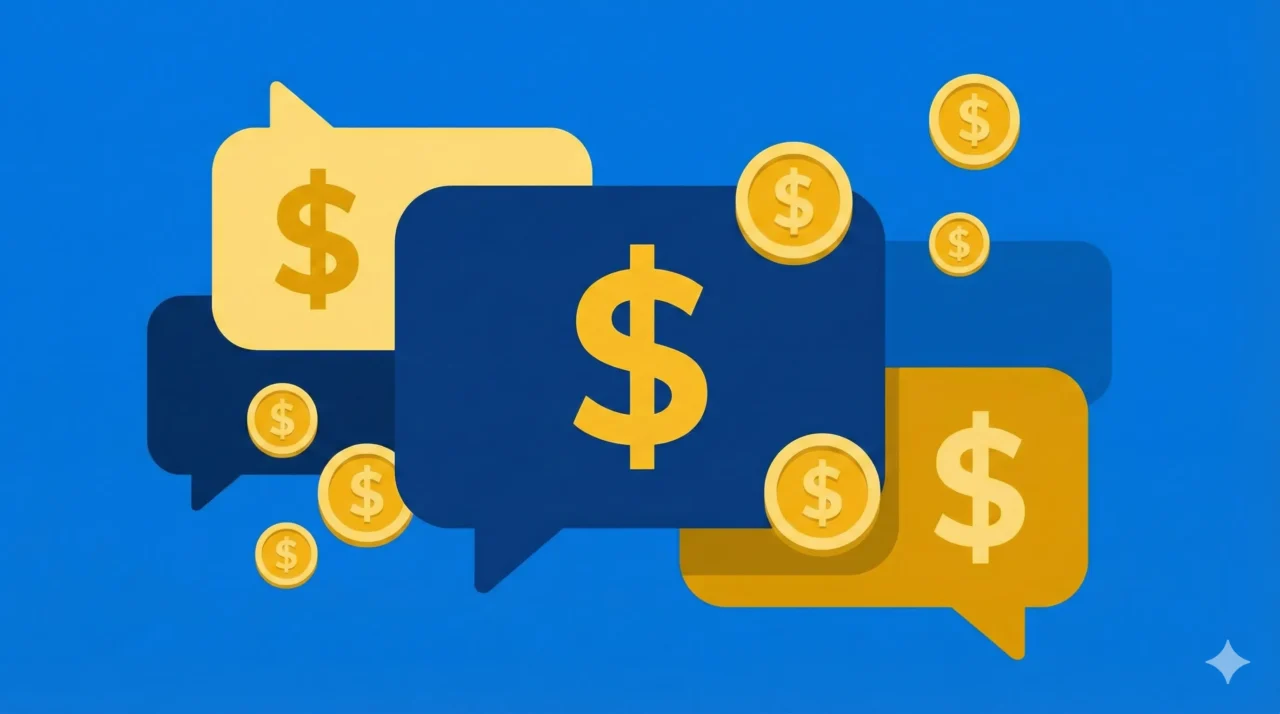 チャットの吹き出しと「$」マーク、コイン。ブルー基調＋ゴールド/イエローのアクセント。