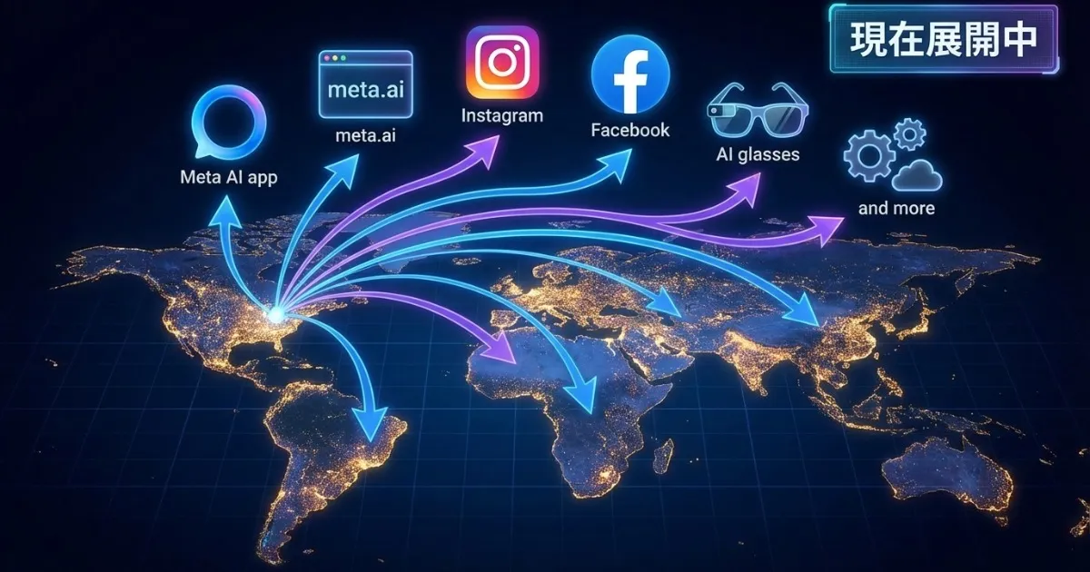 世界地図を背景に、米国から世界各地へ広がる矢印で示していて、矢印の上にMeta AIアプリ、meta.ai、Instagram、Facebook、AIグラスなどのアイコンが並んでいて、右上に「順次展開中」の日本語のテキストを入れて、全体としてグローバルな展開イメージを表した画像です。