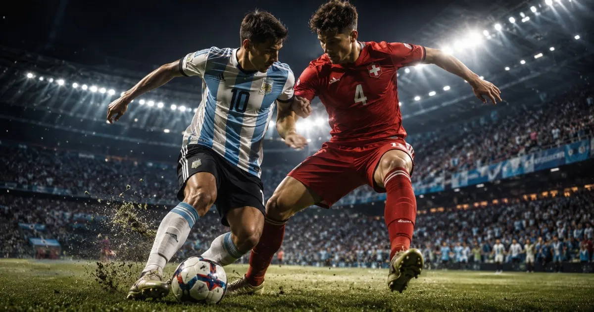 サッカーW杯2026アルゼンチン対スイス準々決勝でボールを奪い合う選手
