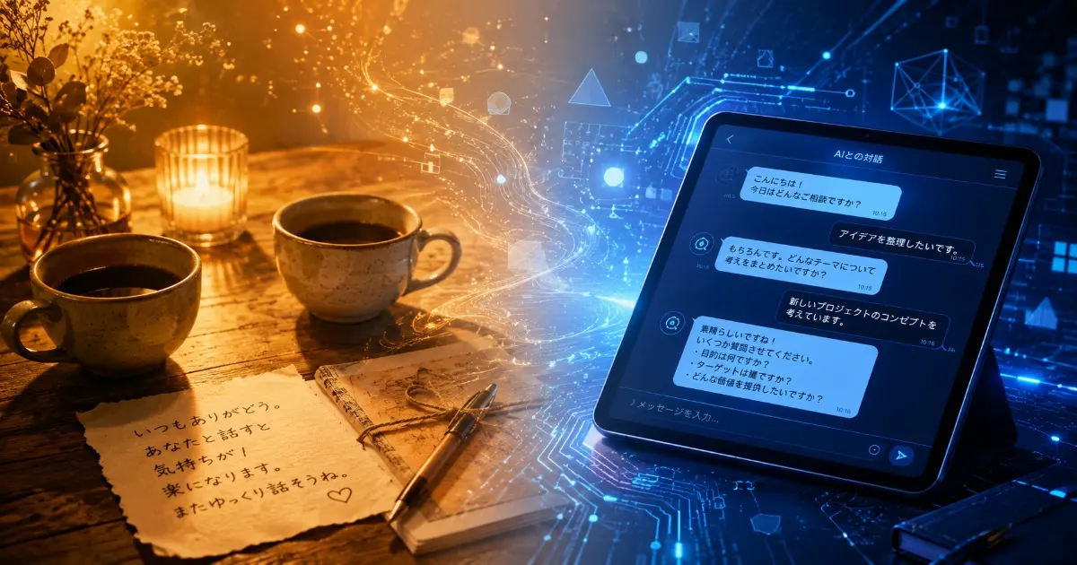 左側:温かいゴールドトーンで、テーブルに向き合う2つのコーヒーカップ、キャンドルの光、手書きのメモ。人間の会話と温もりを象徴にしています。 右側:冷たい青のトーンで、AIチャットバブルが表示されたタブレット画面と回路基板のパターンで、中央の境界線は両世界が溶け合うグラデーションで、シンボリックでモダンなデジタルアート画像です。