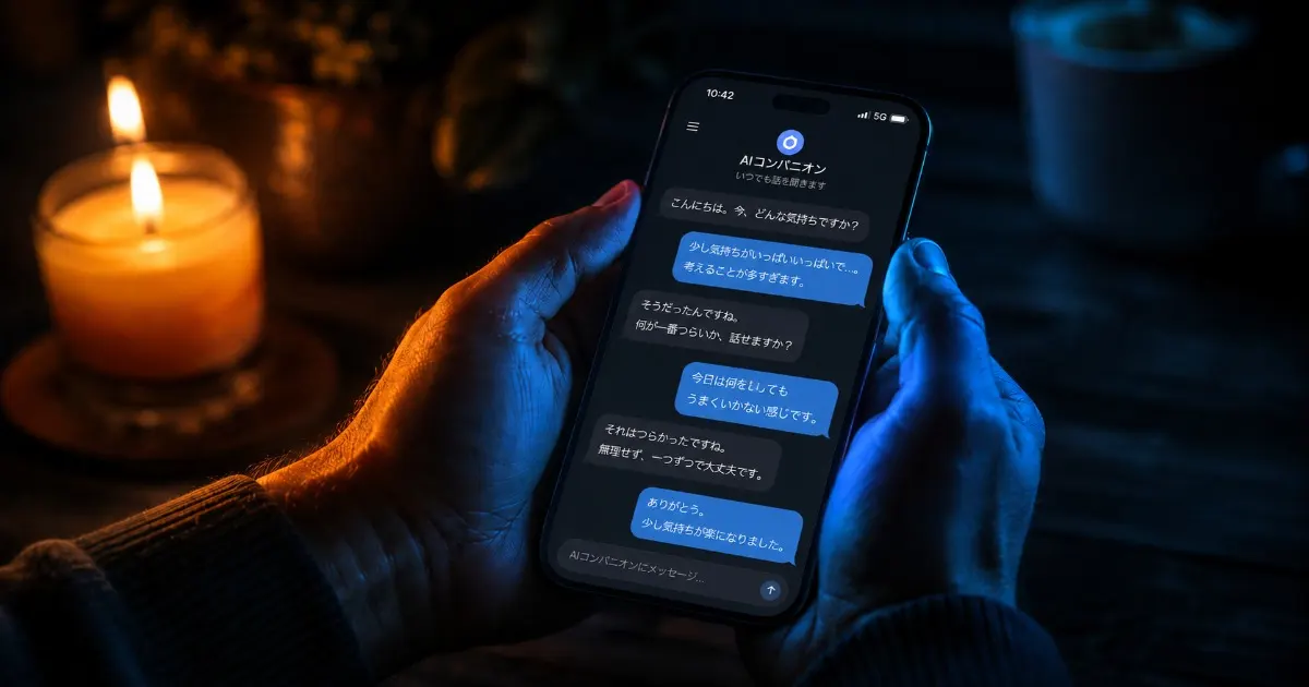 薄暗い中でスマートフォンをそっと持つ大人の手のクローズアップしていて、画面にはAIチャットのテキストバブルが表示されている。 左手は温かなキャンドルの光、右手は冷たい青いデジタル光に照らされていて、人間の温もりとAIの冷たさの対比を象徴的に表現で浅い被写界深度をイメージしたフォトリアリスティックの画像です。