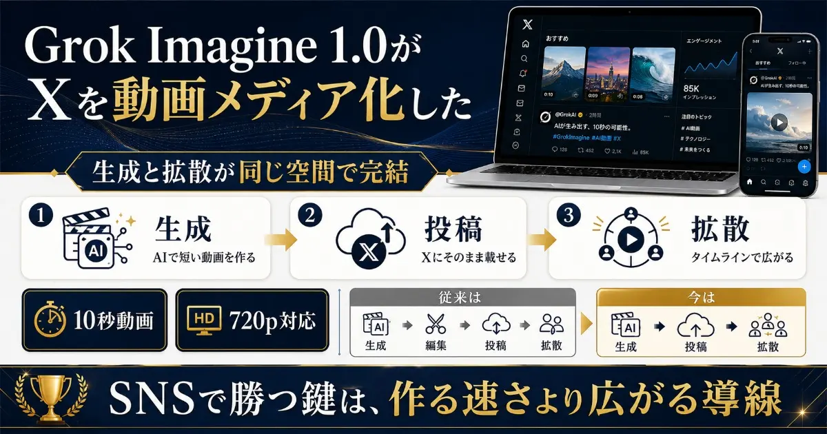 Grok Imagine 1.0がXを動画メディア化した内容を図解で説明した画像。