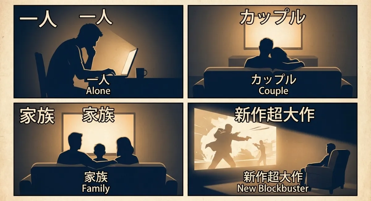 4つのパネルに分かれたイラスト。左上:一人でじっくり観るシルエット、右上:カップルで観るシルエット、左下:家族連れで観るシルエット、右下:最新大作を大画面で観るシルエット。それぞれに『一人』『カップル』『家族』『最新大作』などの日本語テキストを配置しています。