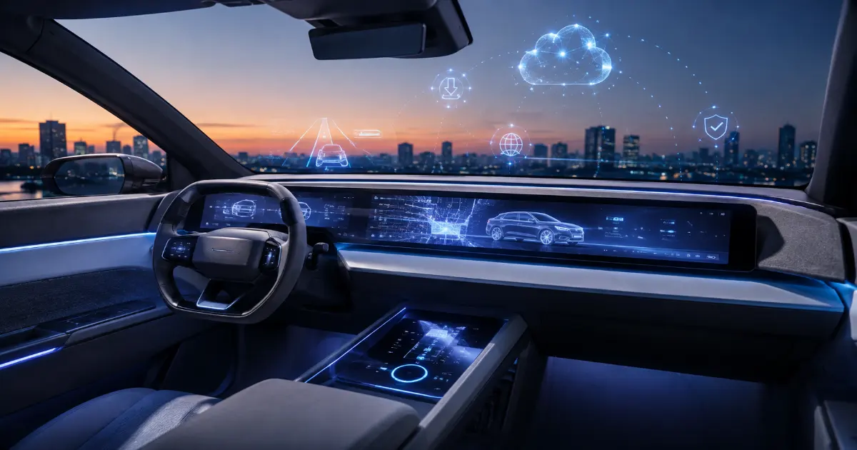 車内ディスプレイ、OTA更新、運転支援、クラウド連携を視覚化した未来的な車内イメージ。
