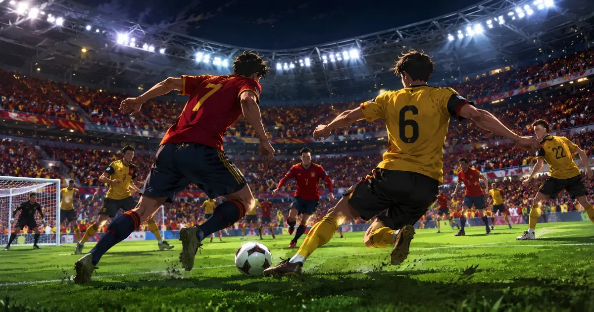 男子W杯2026準々決勝スペイン対ベルギーの接戦をイメージした試合シーン