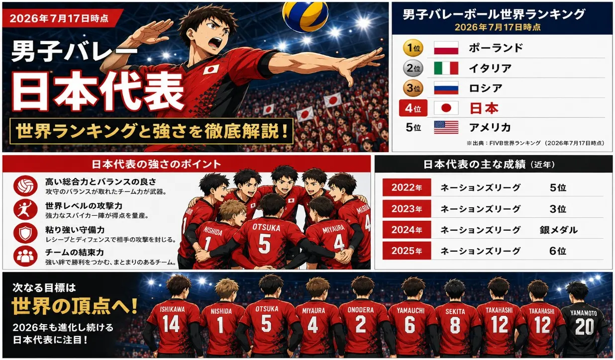 男子バレー日本代表の世界ランキング4位、チームの強み、近年の成績、主要選手をまとめたアニメ風図解