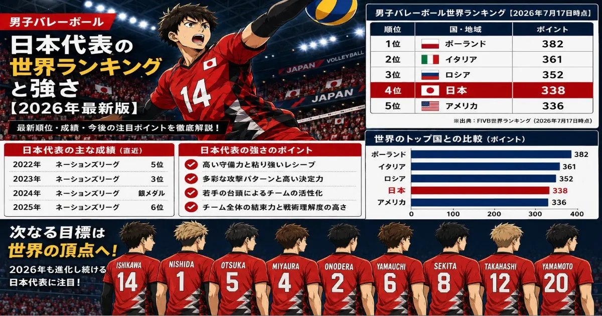 2026年7月17日時点の男子バレー日本代表の世界ランキング4位と上位国のポイントをまとめたアニメ風図解
