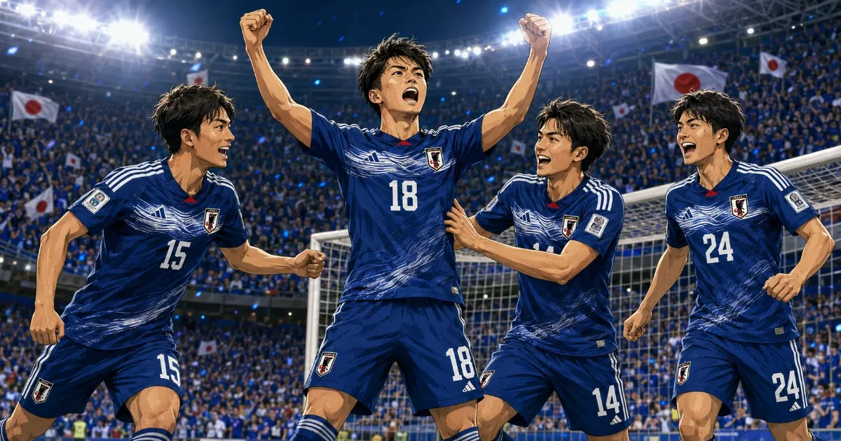 チュニジア戦の勝利を2026年日本代表ユニフォーム姿で喜ぶ4人の日本人選手のイラスト