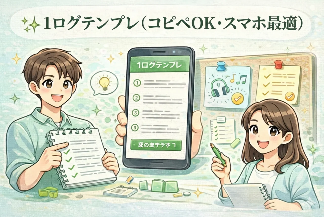 Suno Pro収益化の1ログテンプレをスマホでコピペ記録するイメージ画像です。
