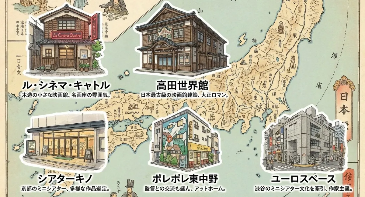 日本地図上に、ル・シネマキャトル・高田世界館・シアターキノ・ポレポレ東中野・ユーロスペースの外観イラストを配置したコラージュで各劇場名と特徴を小さく表示しています。